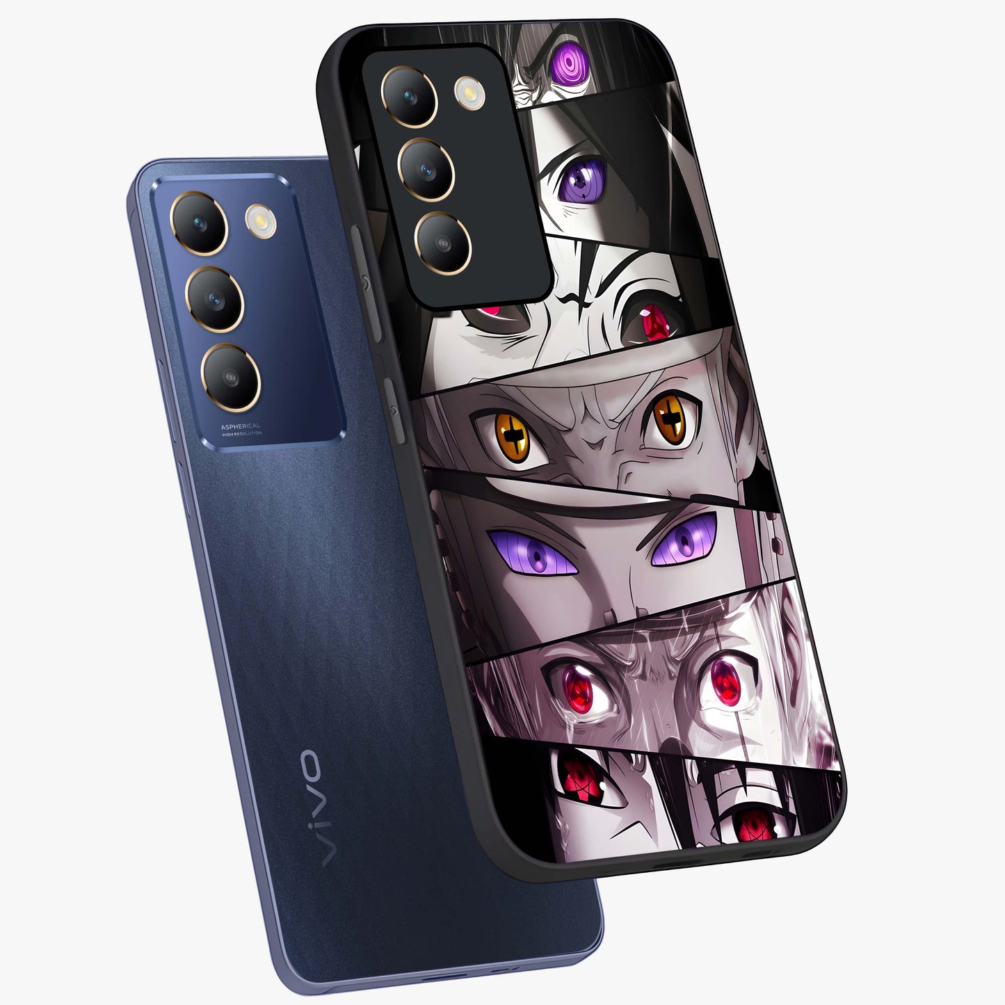 Eyes of Destiny Glass Case displayed in angled mockup highlighting bold eye illustration with mystical aesthetic style.