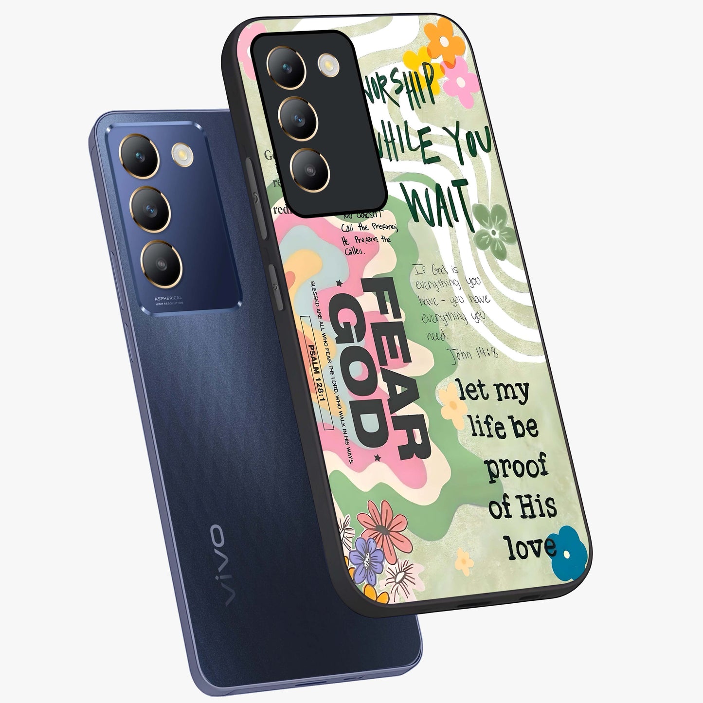 Faith Over Fear Glass Case displayed in angled mockup highlighting inspirational message design with modern aesthetic style.