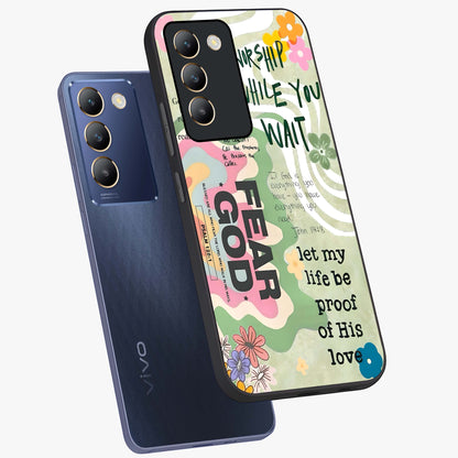 Faith Over Fear Glass Case displayed in angled mockup highlighting inspirational message design with modern aesthetic style.