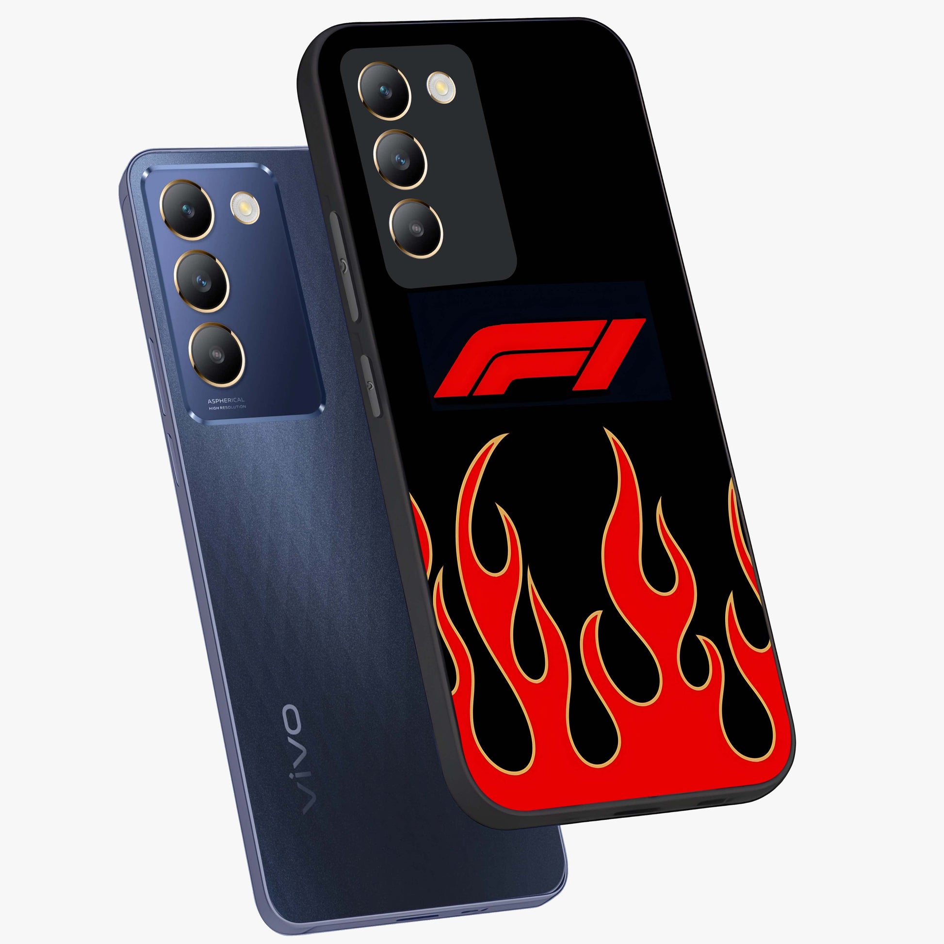 Fire F11 Glass Case displayed in angled mockup highlighting bold fire inspired graphic with energetic aesthetic style.