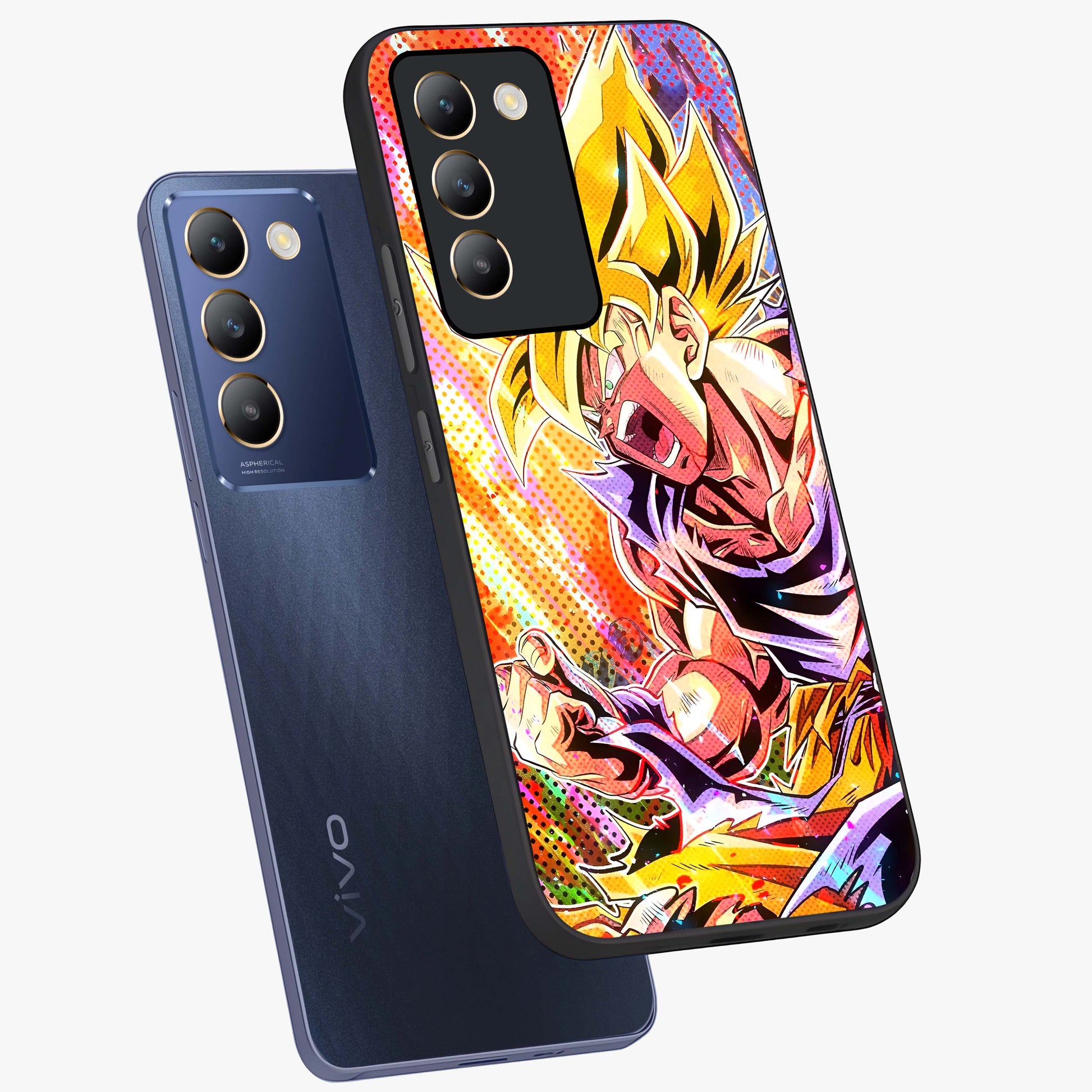 Firing Goku Glass Case displayed in angled mockup highlighting dynamic anime character design with action aesthetic.