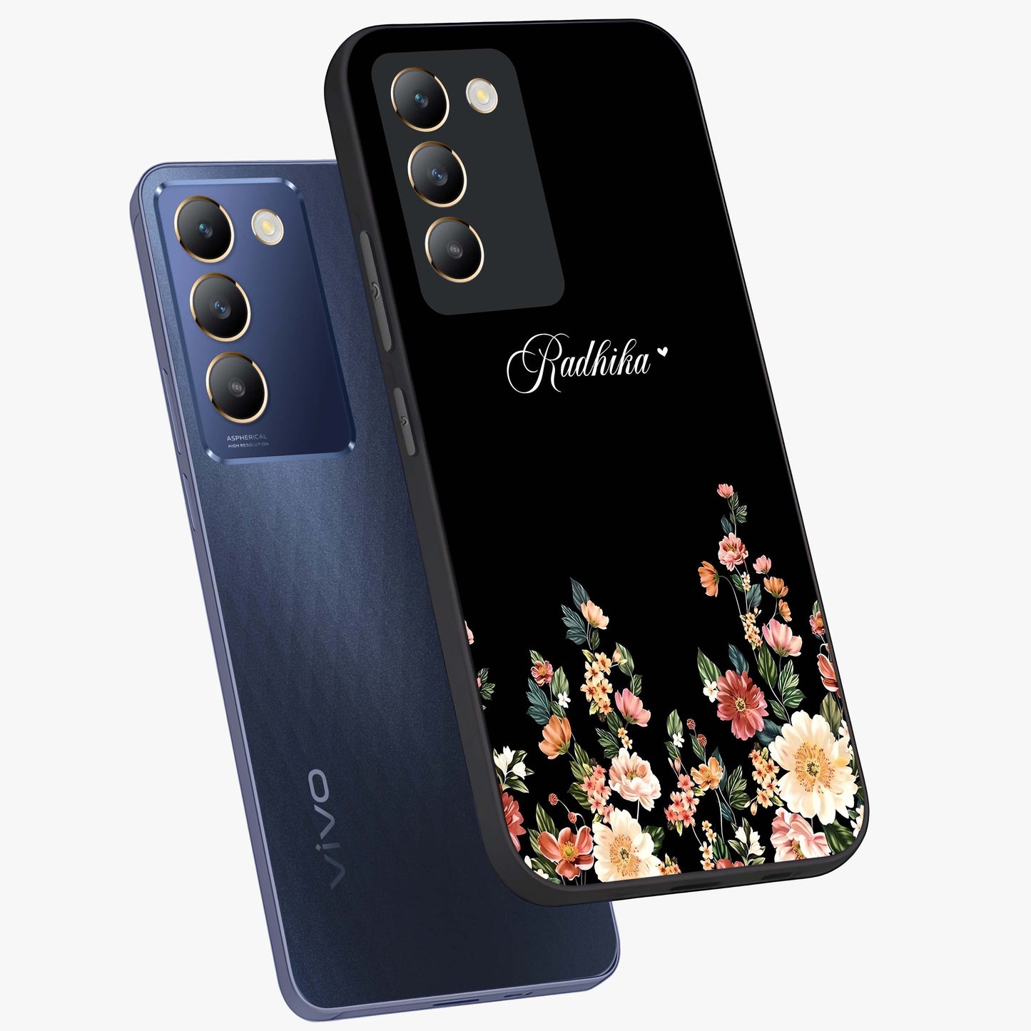 Floral Design With a Custom Personalized Name Glass Case displayed in angled mockup highlighting elegant floral pattern with custom name feature.