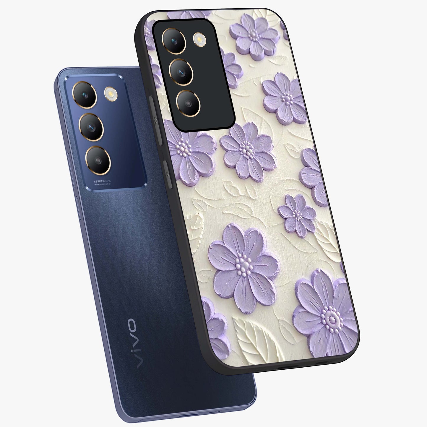 Floral Wall Art With Purple Flowers Glass Case displayed in angled mockup highlighting vibrant purple floral illustration with artistic aesthetic.