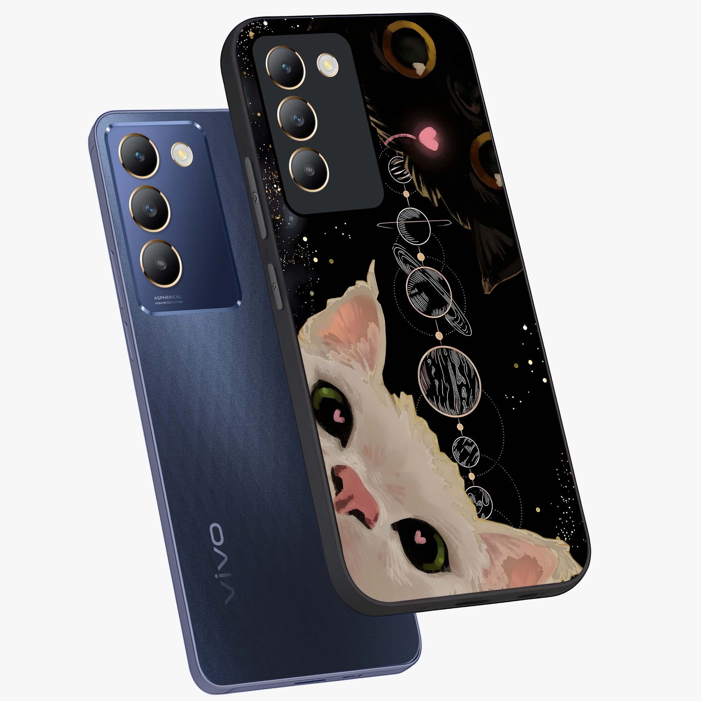 Galactic Cat Glass Case displayed in angled mockup highlighting celestial feline illustration with galaxy aesthetic style.