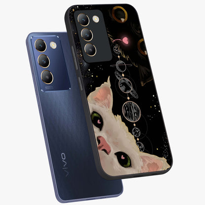 Galactic Cat Glass Case displayed in angled mockup highlighting celestial feline illustration with galaxy aesthetic style.