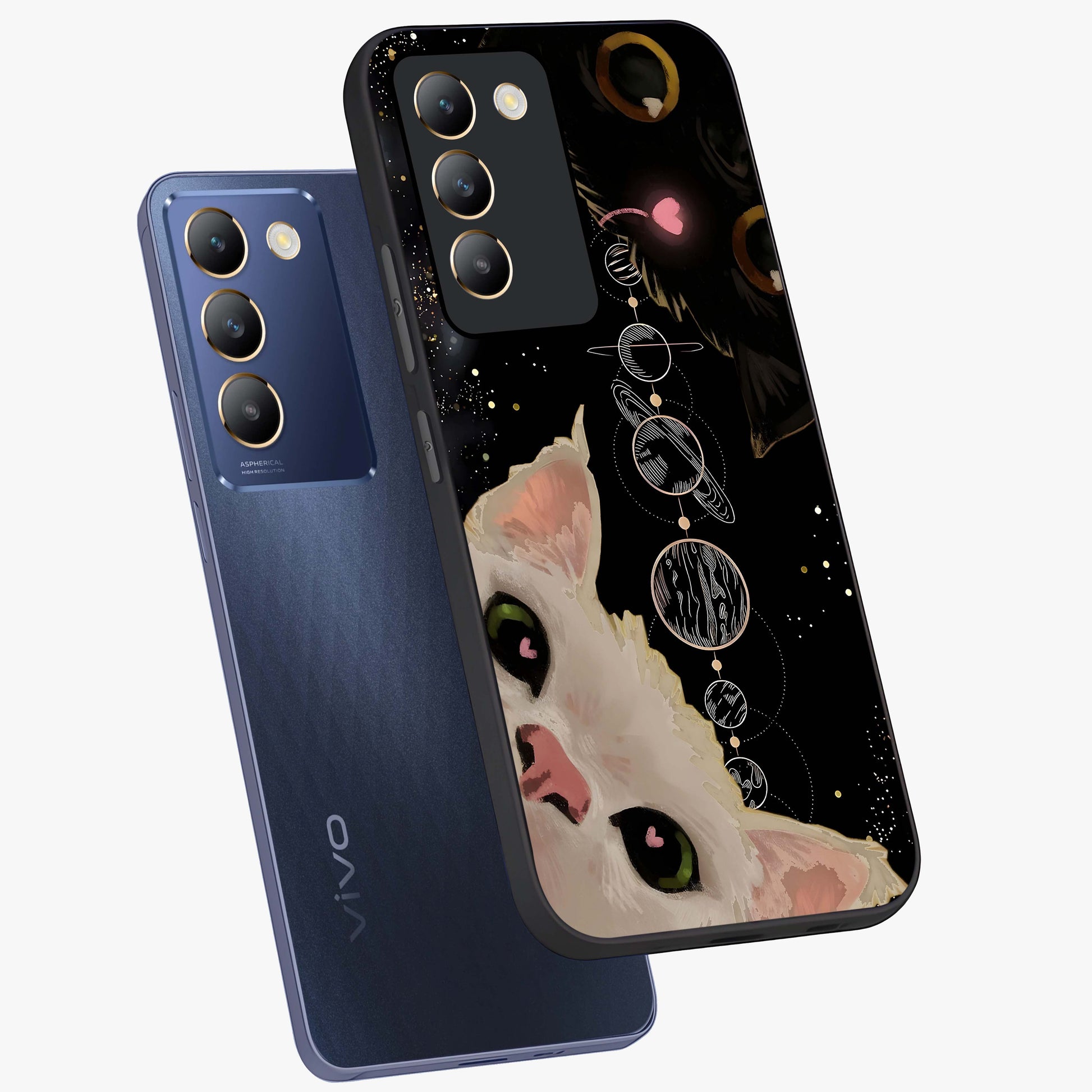 Galactic Cat Glass Case displayed in angled mockup highlighting celestial feline illustration with galaxy aesthetic style.
