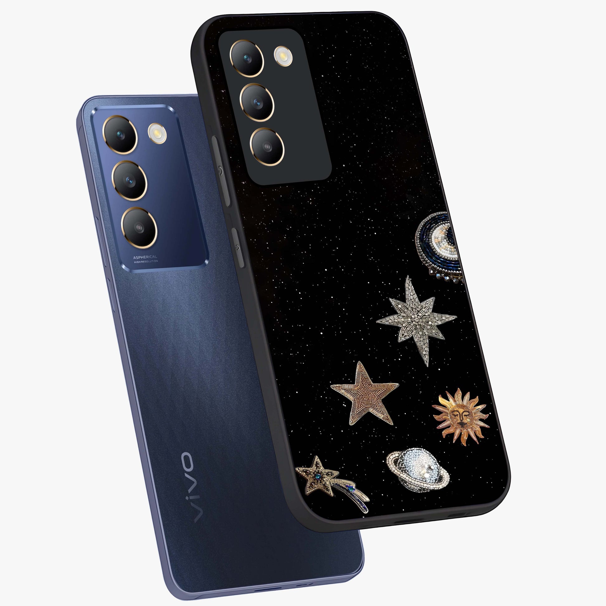 Galactic Charm Glow Glass Case displayed in angled mockup highlighting luminous galaxy inspired design with dreamy aesthetic.