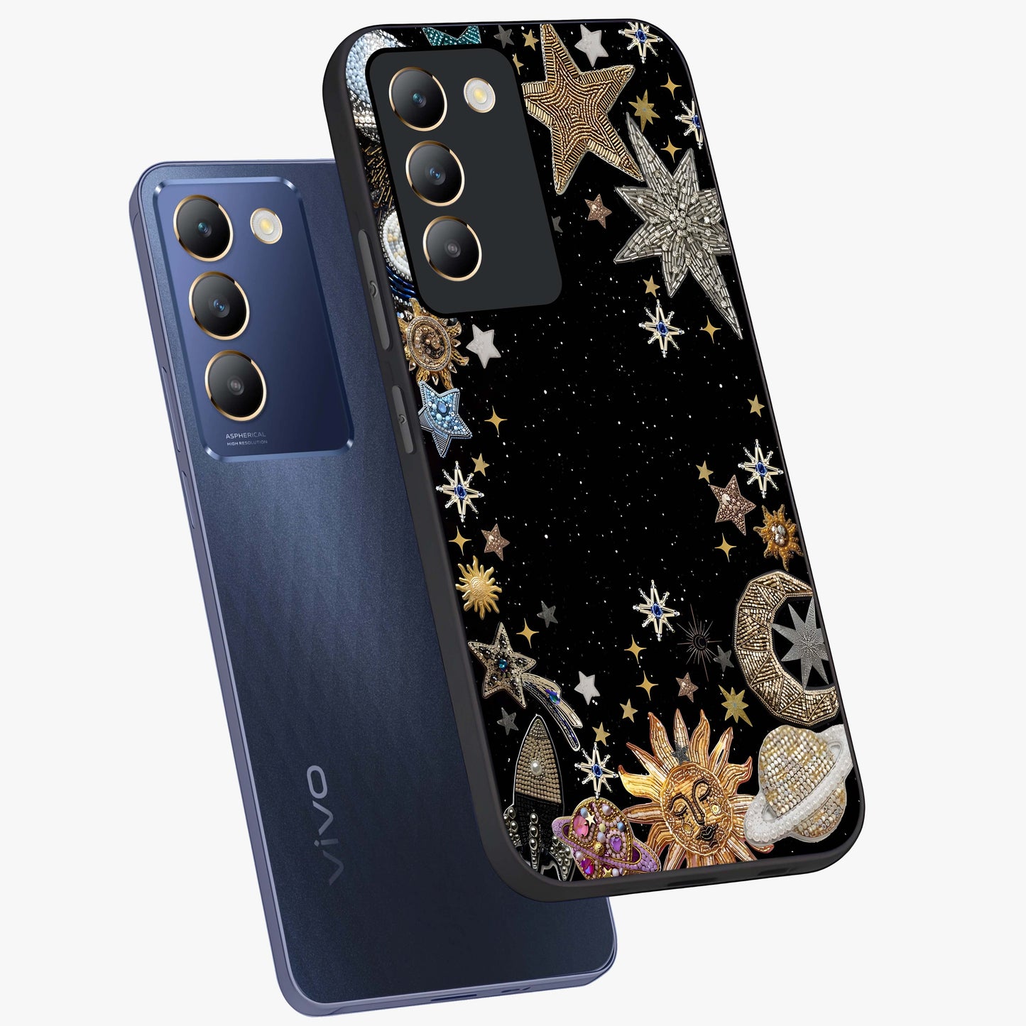 Galactic Jewel Stars Glass Case displayed in angled mockup highlighting shining celestial star design with cosmic aesthetic style.