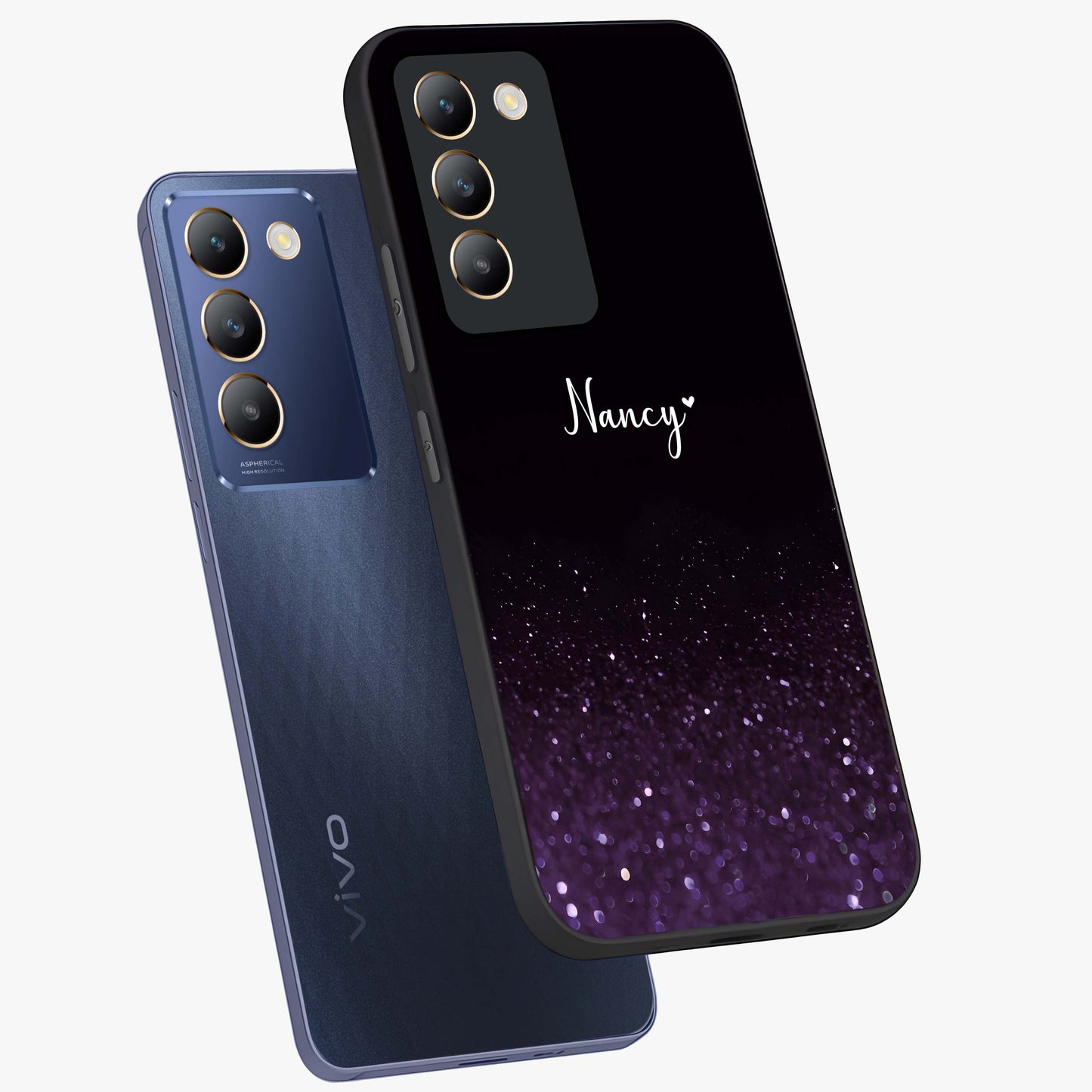 Glittery Purple Bokeh Custom Name Glass Case displayed in angled mockup highlighting glitter bokeh pattern with custom name feature.