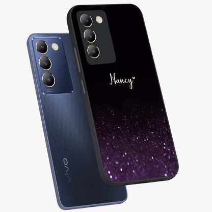 Glittery Purple Bokeh Custom Name Glass Case displayed in angled mockup highlighting glitter bokeh pattern with custom name feature.