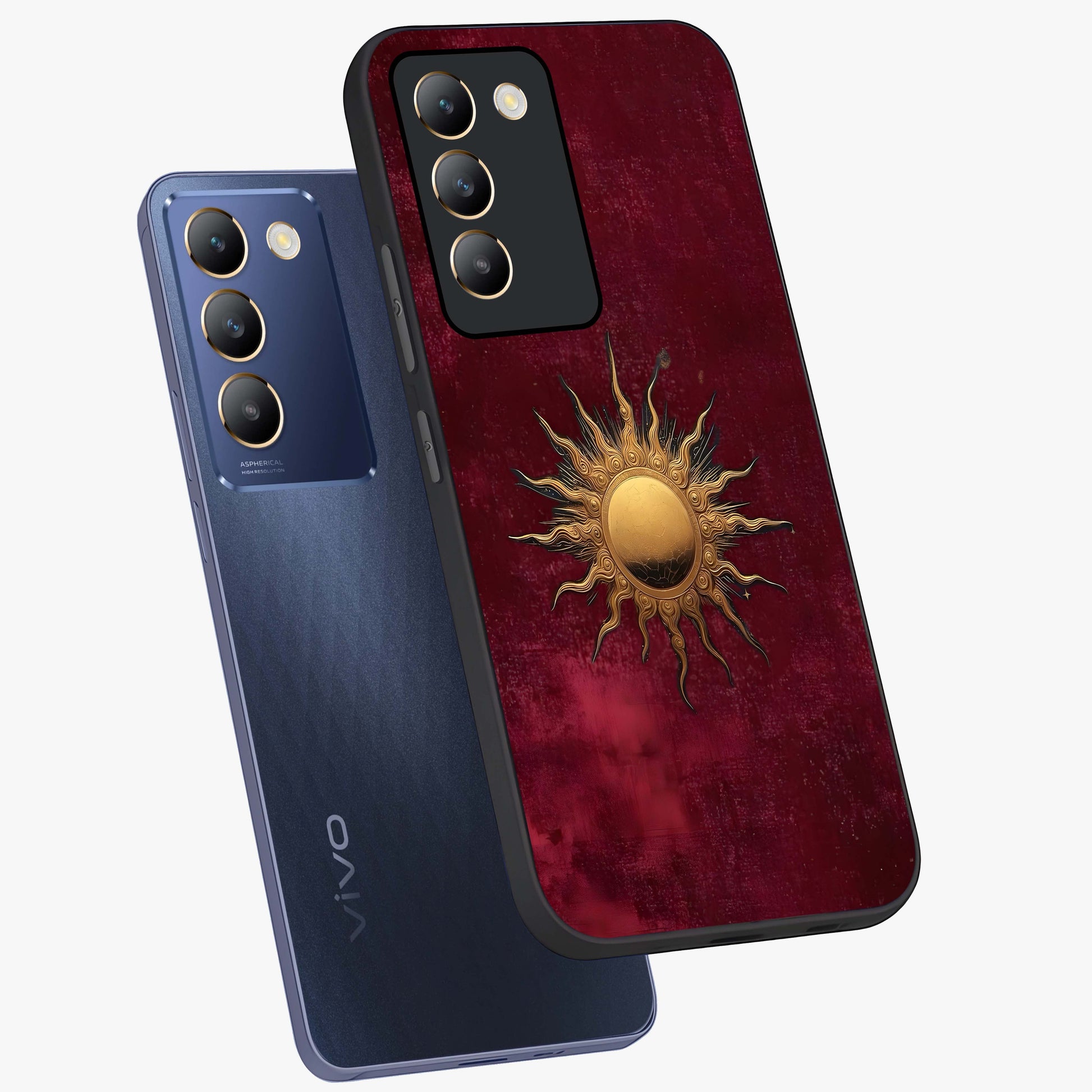 Golden Sun Minimalism Glass Case displayed in angled mockup highlighting clean sun symbol design with modern minimal aesthetic.