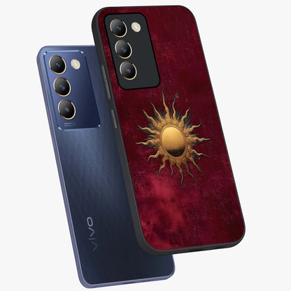 Golden Sun Minimalism Glass Case displayed in angled mockup highlighting clean sun symbol design with modern minimal aesthetic.