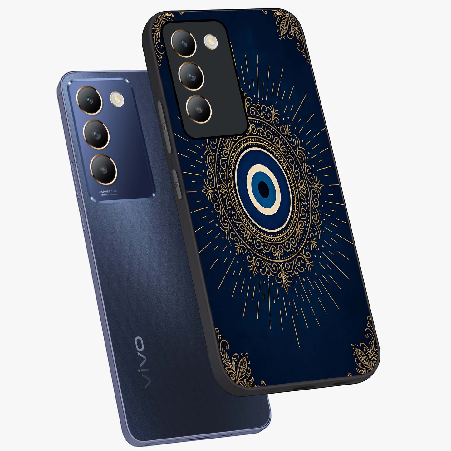 Golden Celestial Charm Glass Case displayed in angled mockup highlighting sparkling cosmic charm design with celestial aesthetic.