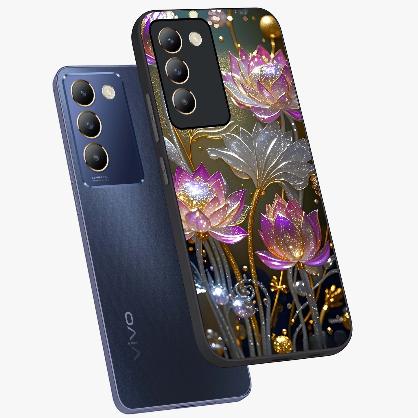 Golden Floral Majesty Glass Case displayed in angled mockup highlighting elegant flower design with royal golden aesthetic.