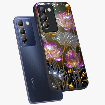 Golden Floral Majesty Glass Case displayed in angled mockup highlighting elegant flower design with royal golden aesthetic.