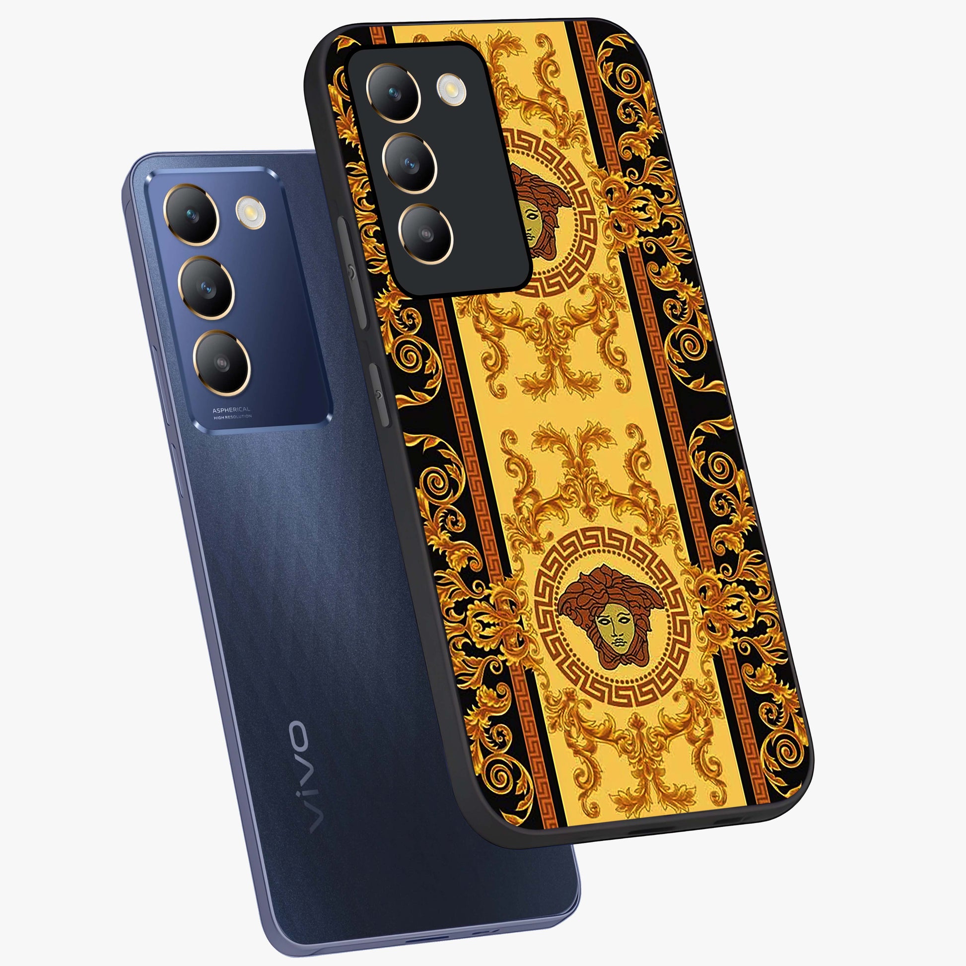 Golden Lotus Glow Glass Case displayed in angled mockup highlighting radiant lotus illustration with spiritual aesthetic.