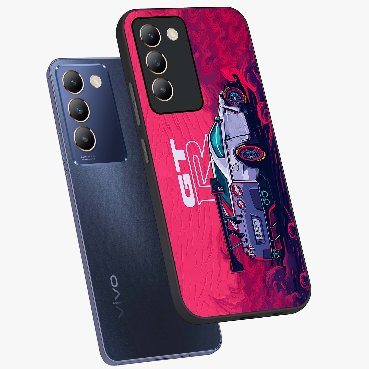 GT-R Car Pattern Glass Case displayed in angled mockup highlighting racing car graphic design with bold automotive aesthetic.