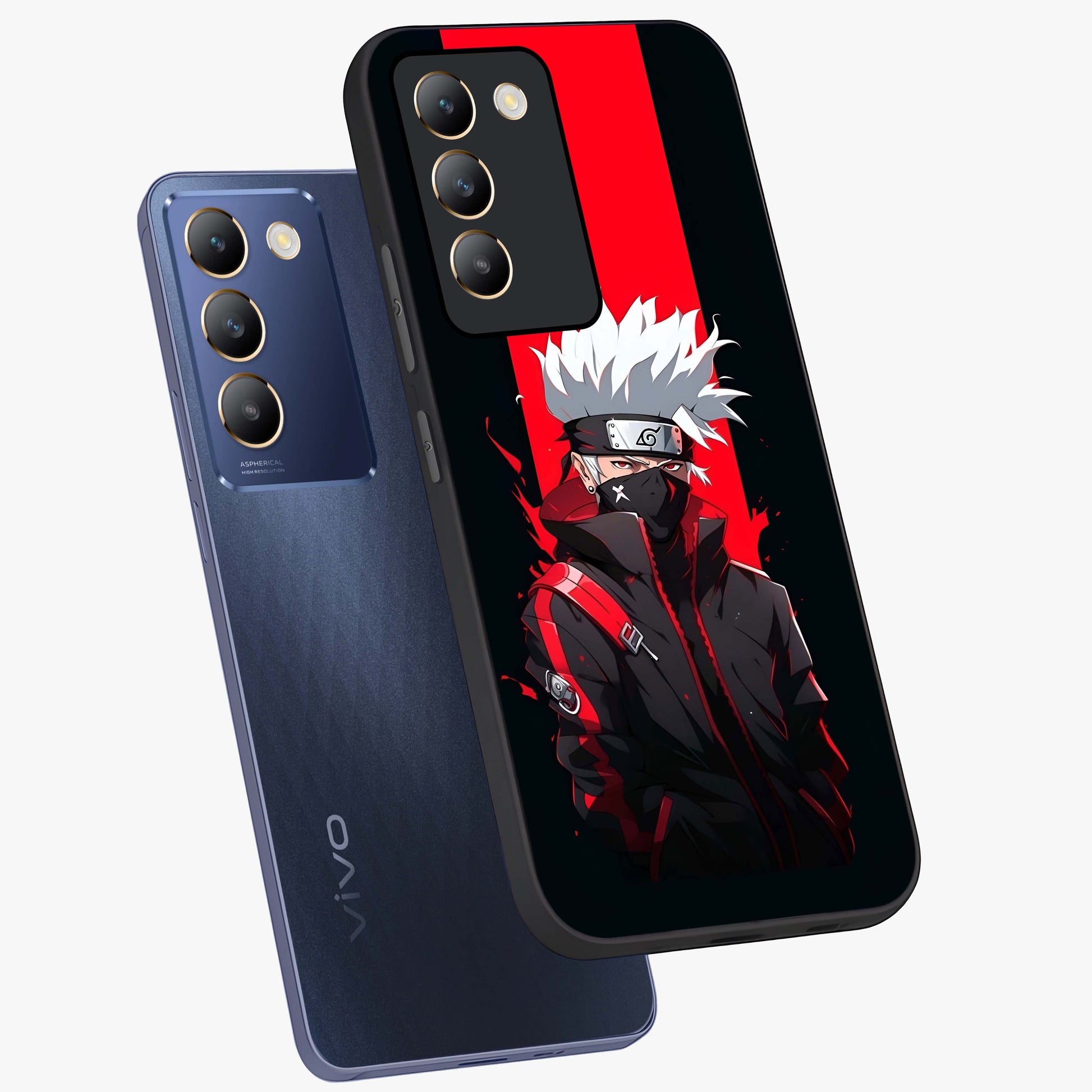 Kakashi Scarlet Shadow Glass Case displayed in angled mockup highlighting dramatic ninja illustration with scarlet themed aesthetic.