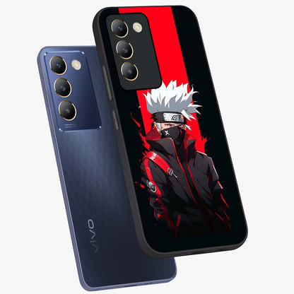 Kakashi Scarlet Shadow Glass Case displayed in angled mockup highlighting dramatic ninja illustration with scarlet themed aesthetic.