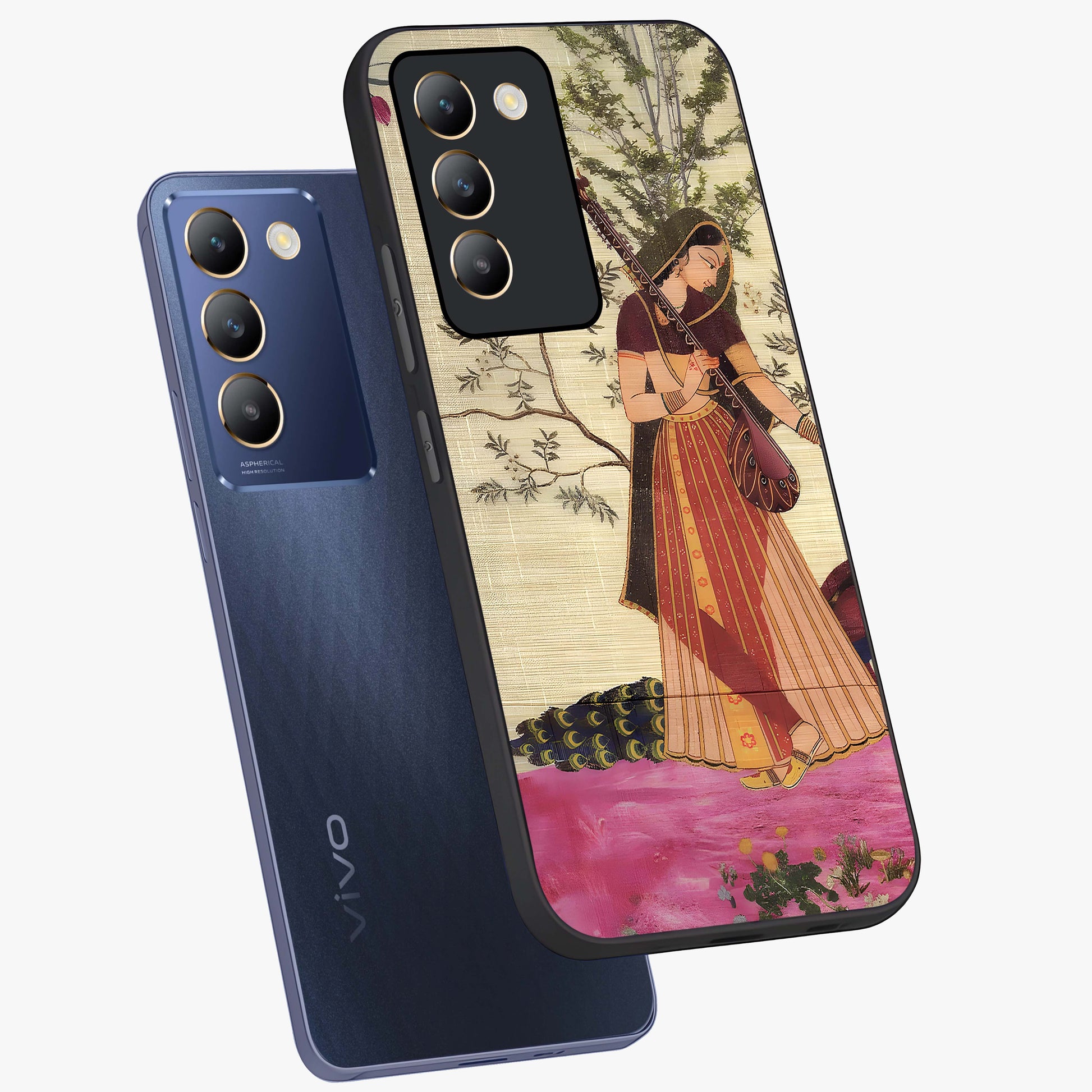 Lady With Veena Art Glass Case displayed in angled mockup highlighting graceful musical illustration with cultural artistic aesthetic.
