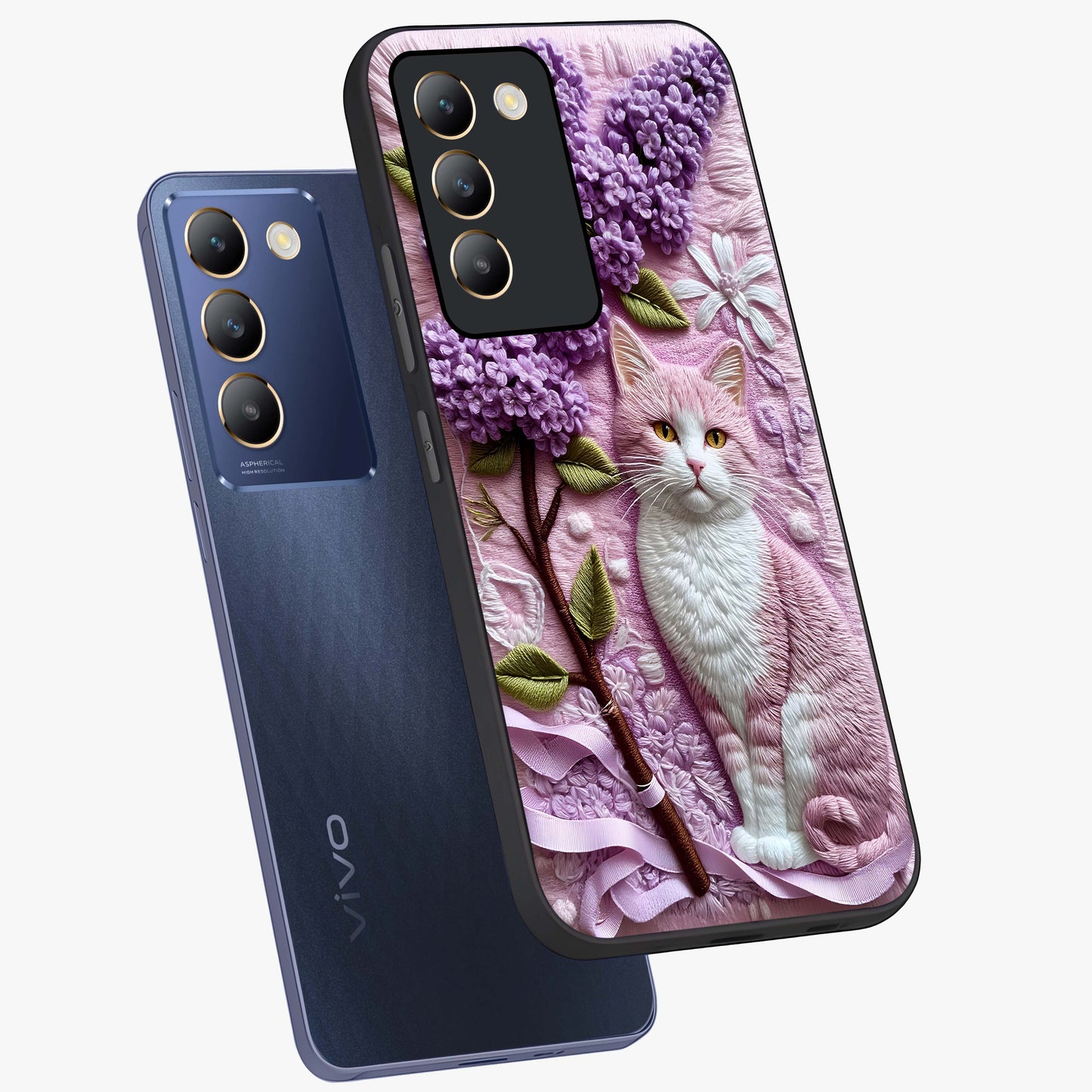 Lavender Cat Whimsy Glass Case displayed in angled mockup highlighting playful feline illustration with pastel lavender aesthetic.
