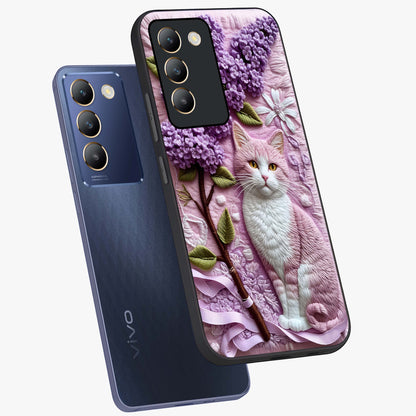Lavender Cat Whimsy Glass Case displayed in angled mockup highlighting playful feline illustration with pastel lavender aesthetic.