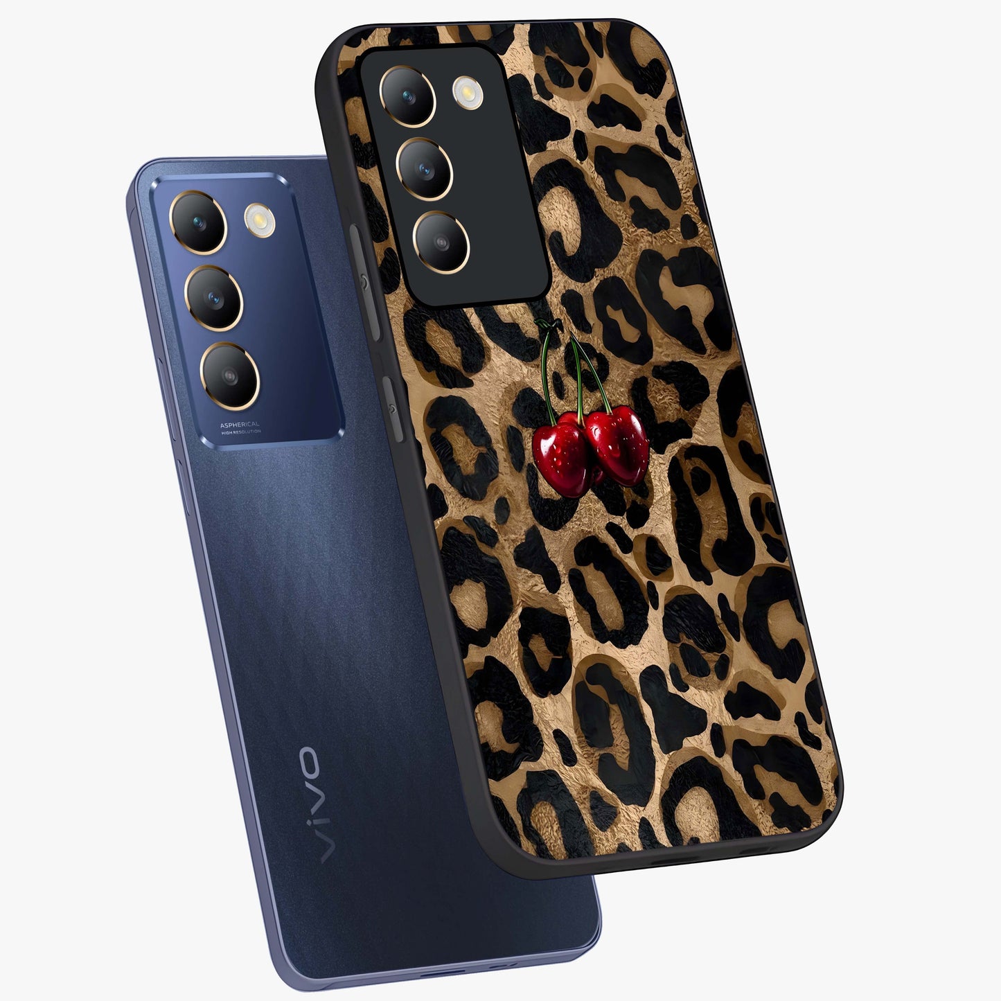 Leopard Wild Cherry Glass Case displayed in angled mockup highlighting bold animal print design with playful cherry aesthetic.