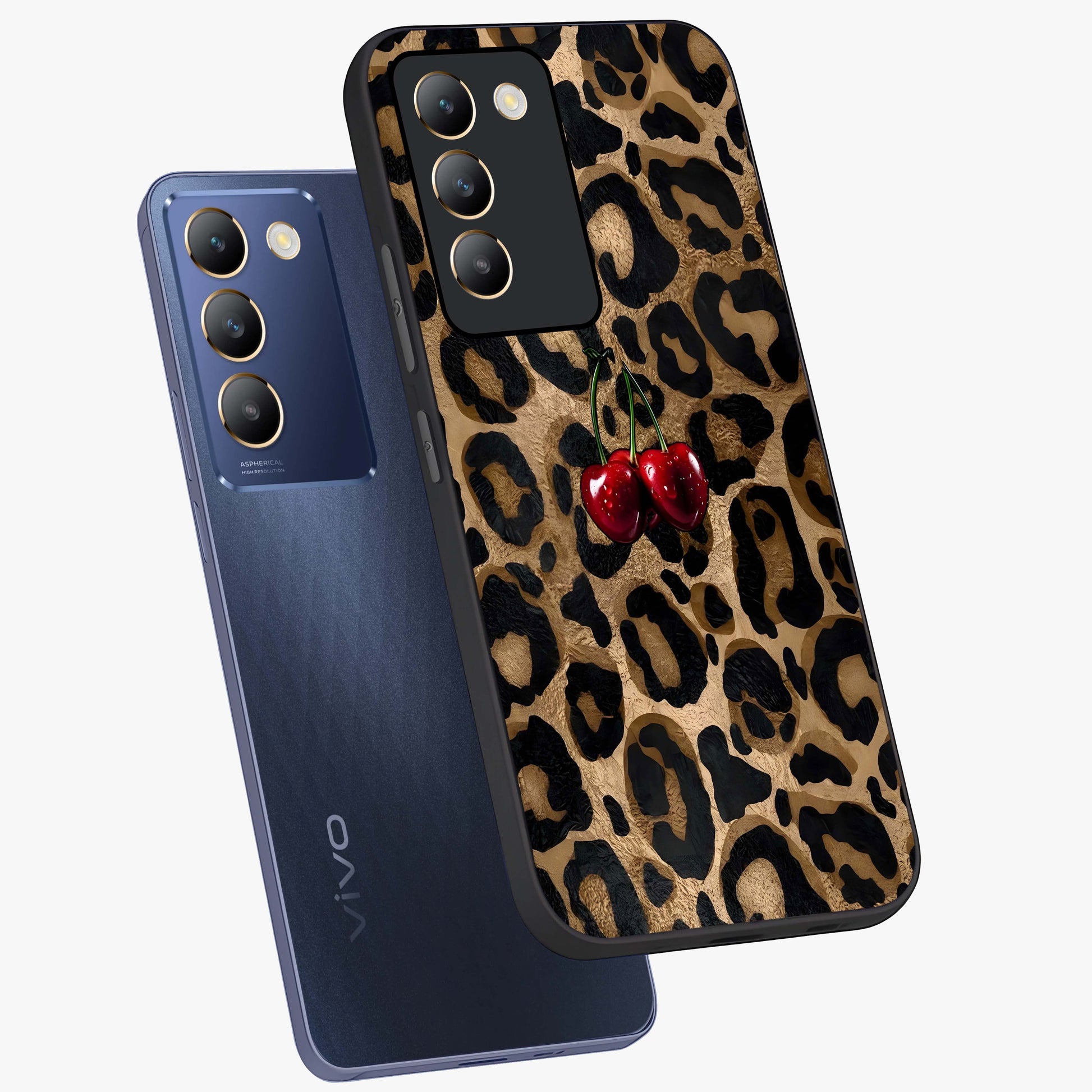 Leopard Wild Cherry Glass Case displayed in angled mockup highlighting bold animal print design with playful cherry aesthetic.