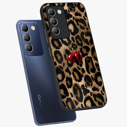 Leopard Wild Cherry Glass Case displayed in angled mockup highlighting bold animal print design with playful cherry aesthetic.