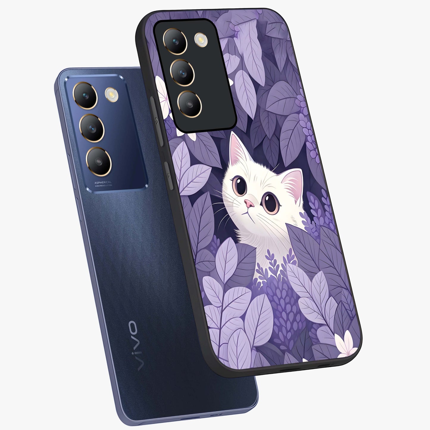 Lilac Hide Peek Cat Glass Case displayed in angled mockup highlighting playful feline illustration with lilac aesthetic design.