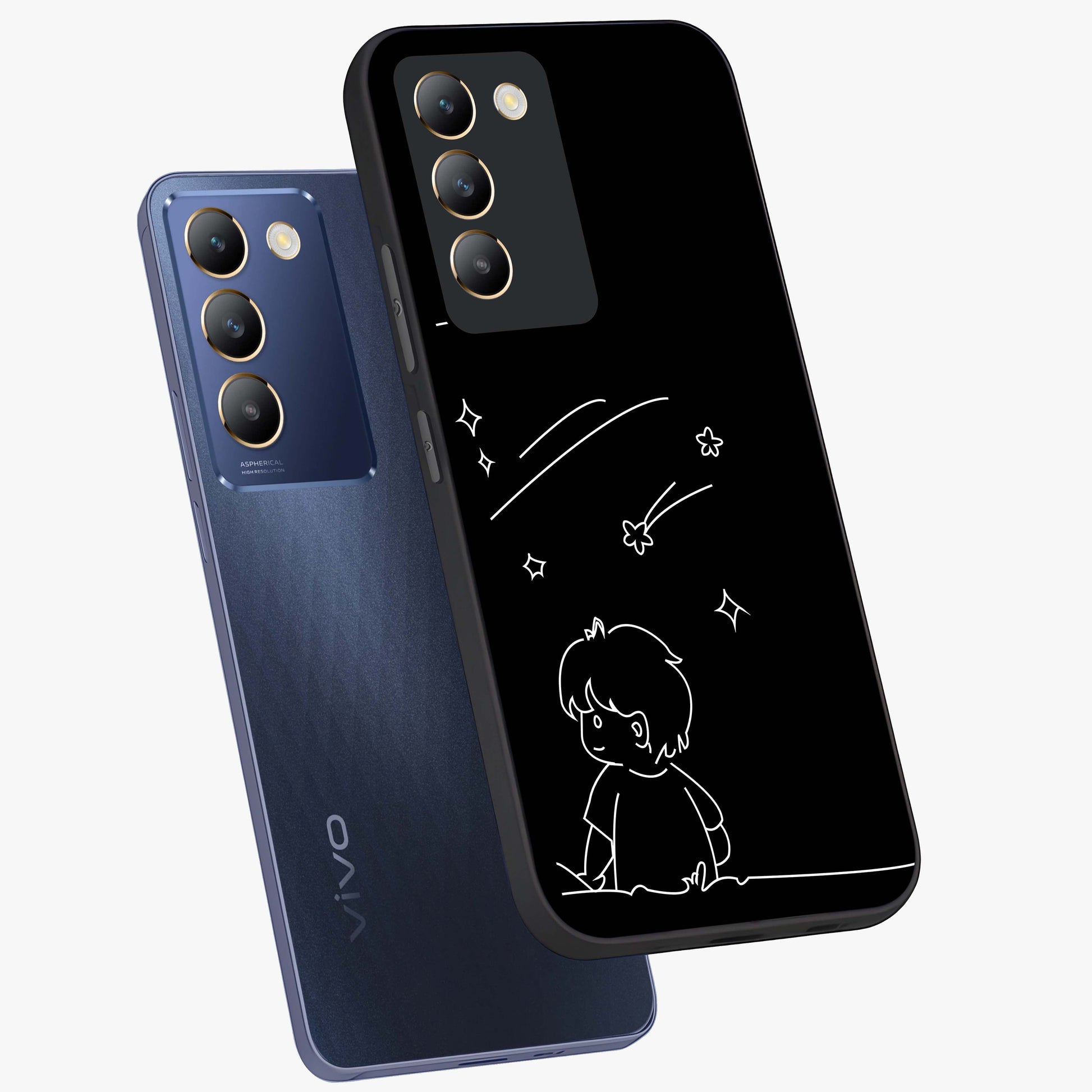 Line Art Boy With Shooting Stars Glass Case displayed in angled mockup highlighting elegant line art design with dreamy star aesthetic.