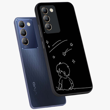 Line Art Boy With Shooting Stars Glass Case displayed in angled mockup highlighting elegant line art design with dreamy star aesthetic.