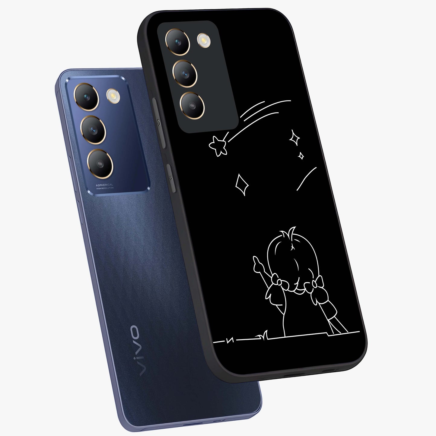 Line Art Girl With Shooting Stars Glass Case displayed in angled mockup highlighting elegant line art design with dreamy star aesthetic.