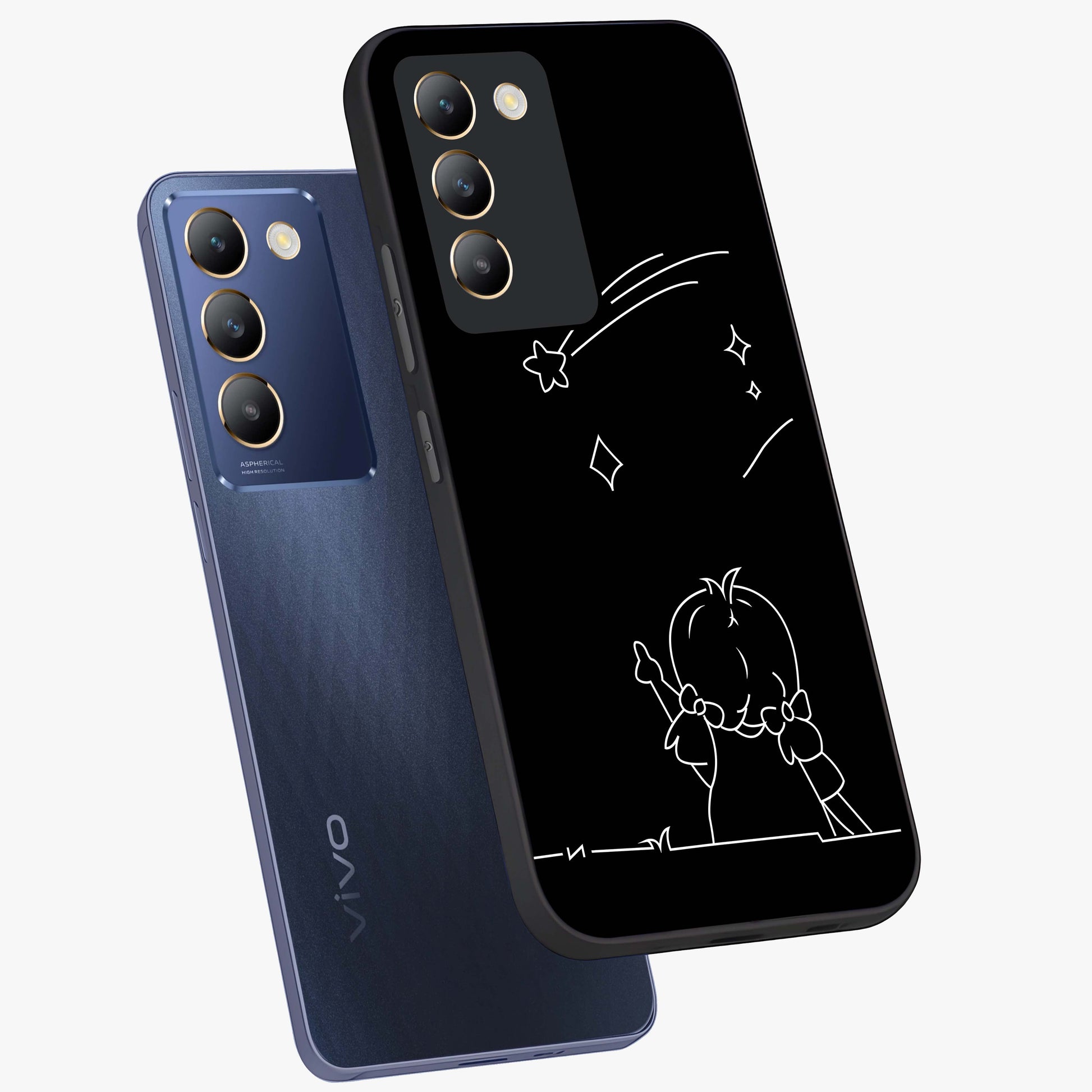 Line Art Girl With Shooting Stars Glass Case displayed in angled mockup highlighting elegant line art design with dreamy star aesthetic.