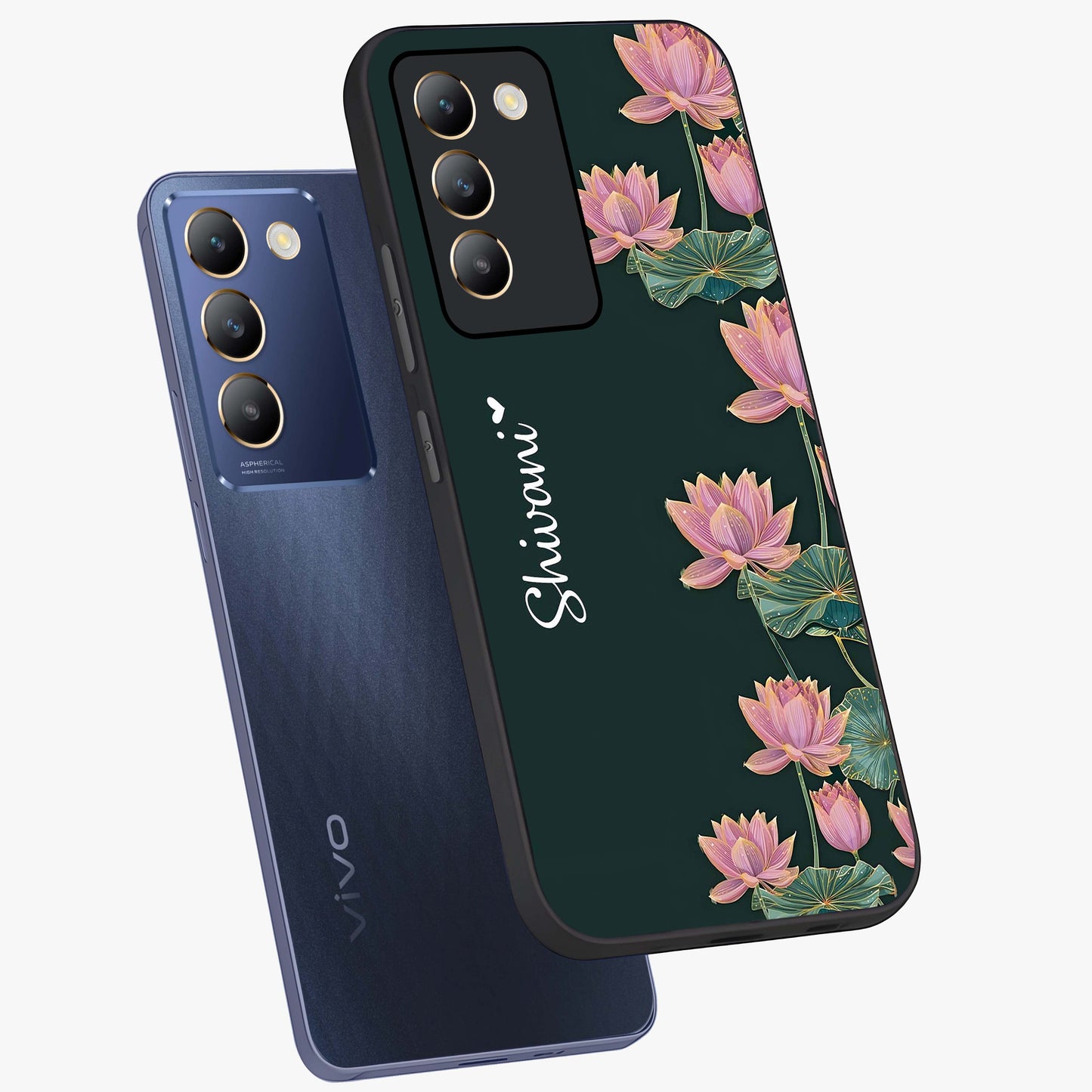 Lotus Bloom Serenity Custom Name Glass Case displayed in angled mockup highlighting graceful lotus illustration with custom name feature.