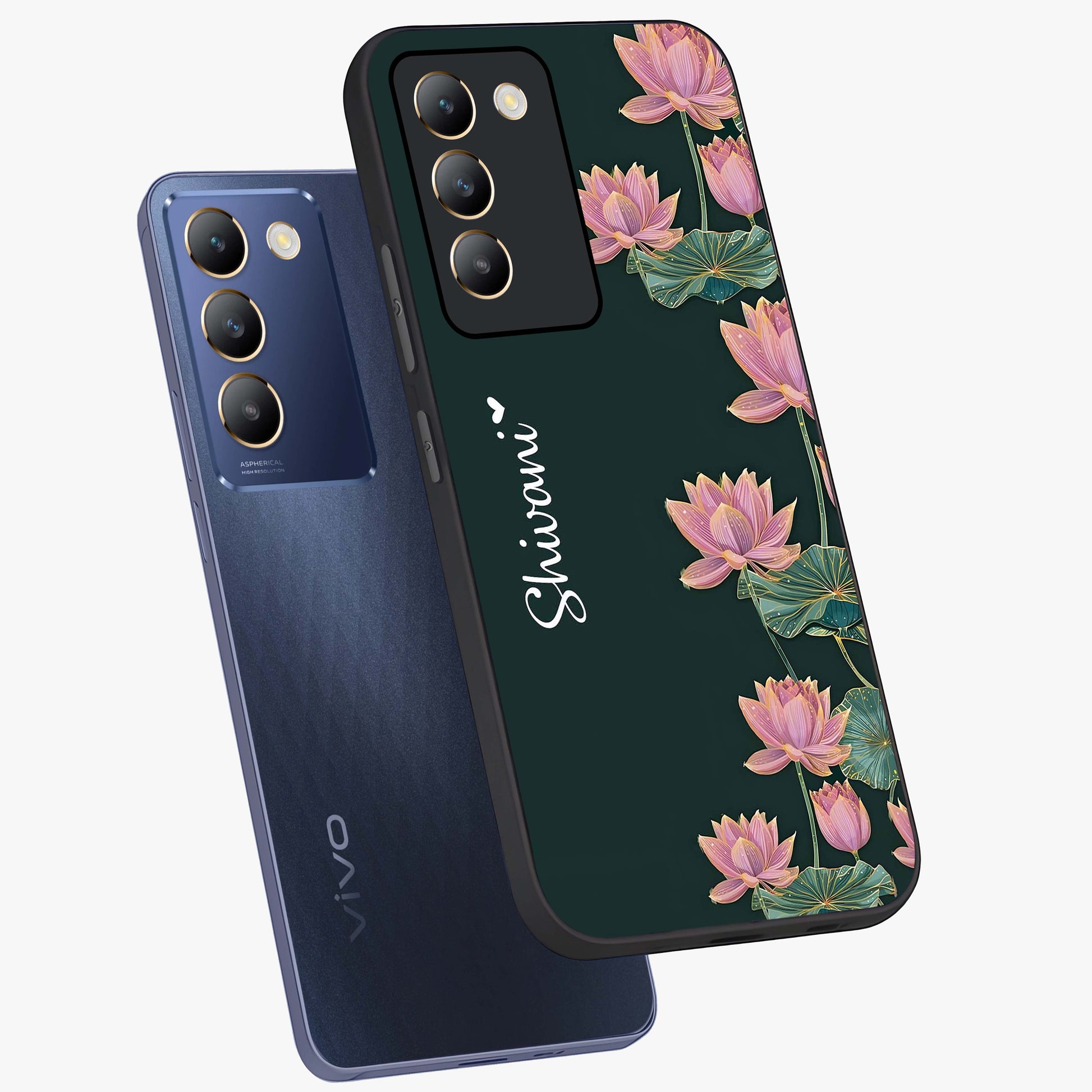 Lotus Bloom Serenity Custom Name Glass Case displayed in angled mockup highlighting graceful lotus illustration with custom name feature.