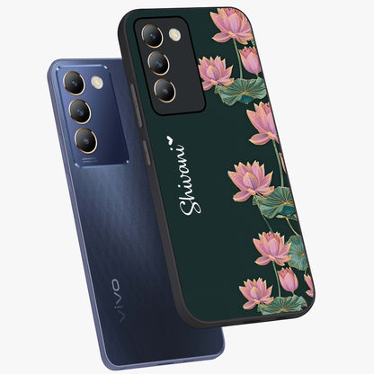 Lotus Bloom Serenity Custom Name Glass Case displayed in angled mockup highlighting graceful lotus illustration with custom name feature.