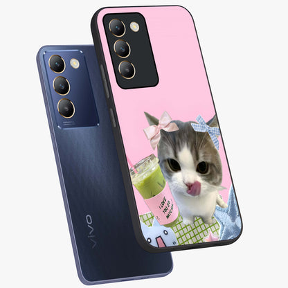 Love Matcha Cat Glass Case displayed in angled mockup highlighting playful feline illustration with cozy matcha aesthetic.