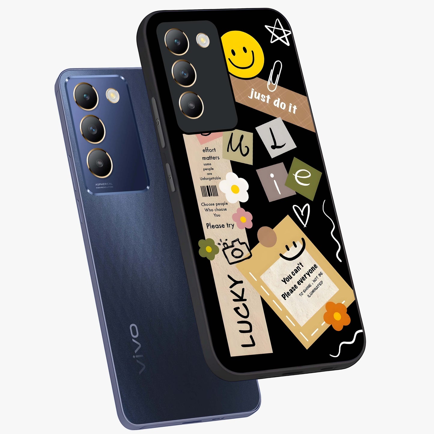 Lucky Aesthetic Collage Glass Case displayed in angled mockup highlighting stylish collage pattern with modern aesthetic vibe.