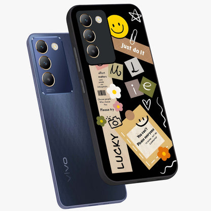 Lucky Aesthetic Collage Glass Case displayed in angled mockup highlighting stylish collage pattern with modern aesthetic vibe.