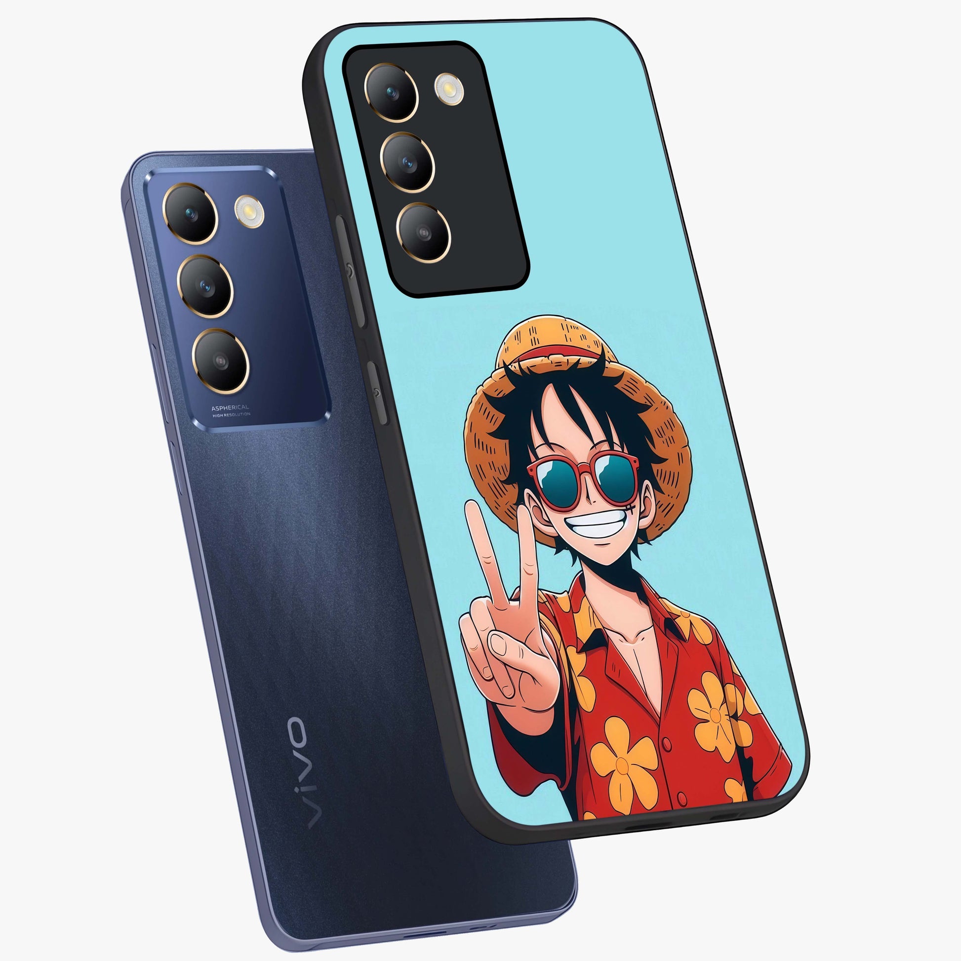 Luffy Summer Anime Vibe Glass Case displayed in angled mockup highlighting energetic anime illustration with summer vibe aesthetic.