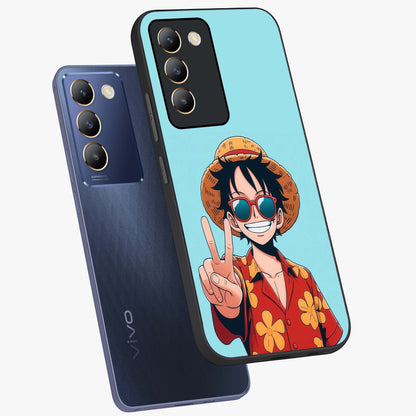 Luffy Summer Anime Vibe Glass Case displayed in angled mockup highlighting energetic anime illustration with summer vibe aesthetic.