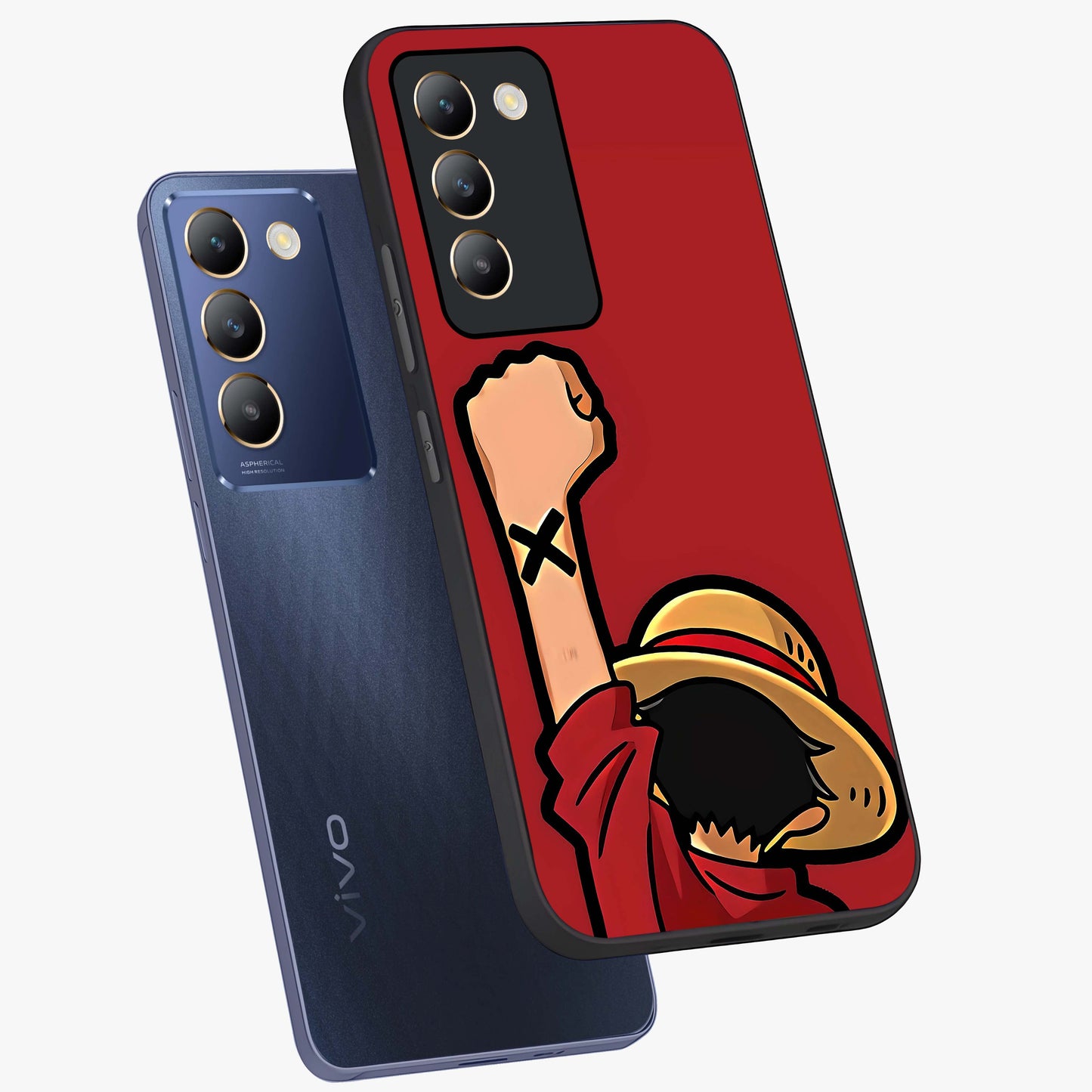 Luffy X Spirit Glass Case displayed in angled mockup highlighting powerful anime design with energetic action aesthetic.