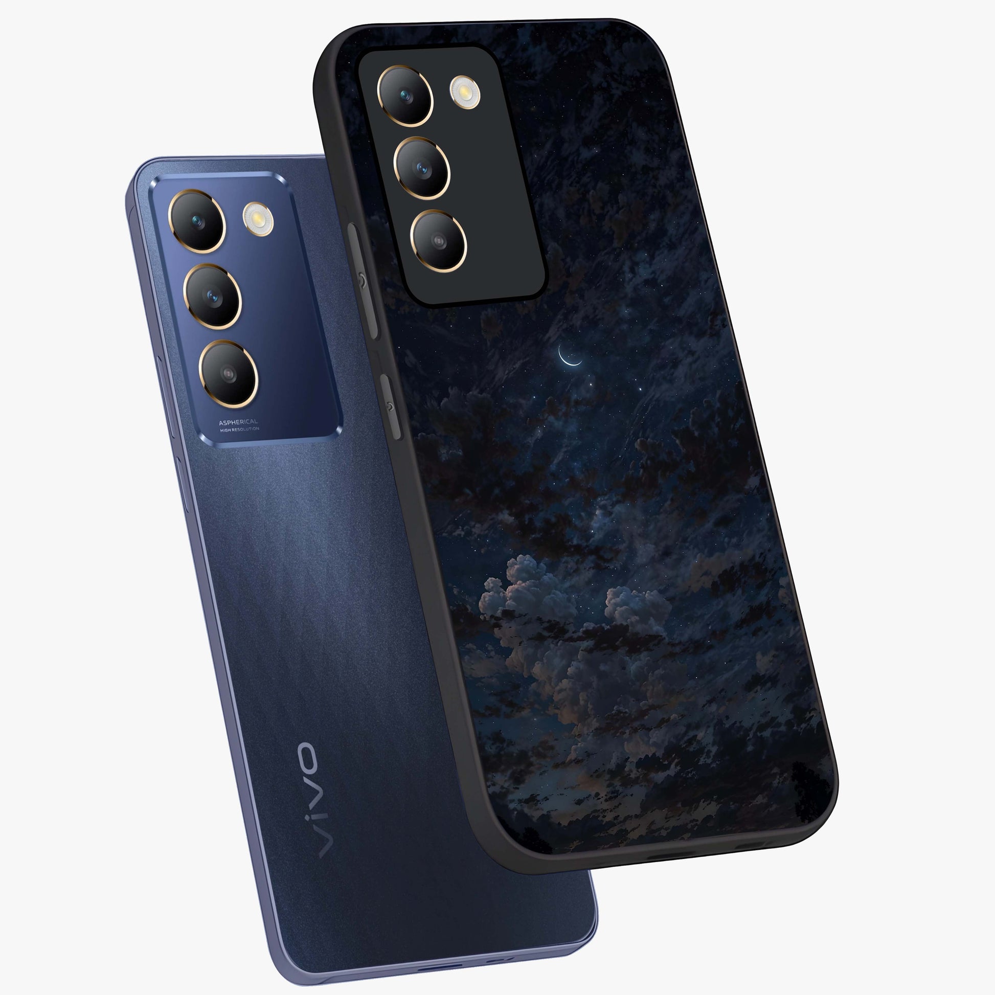 Lunar Veil Silence Glass Case displayed in angled mockup highlighting soft lunar design with peaceful celestial aesthetic.