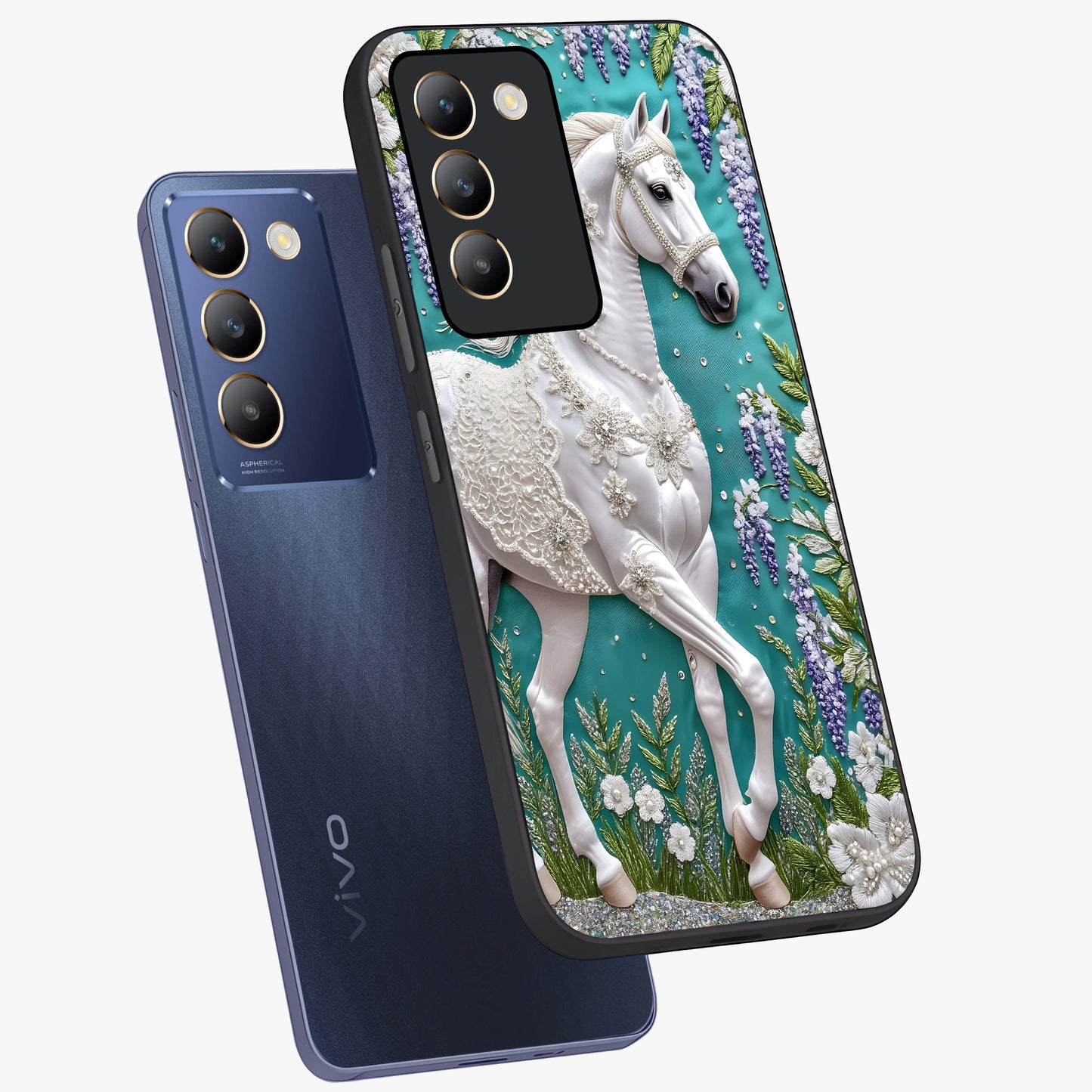 Majestic Floral Stallion Glass Case displayed in angled mockup highlighting majestic stallion illustration with elegant floral aesthetic.