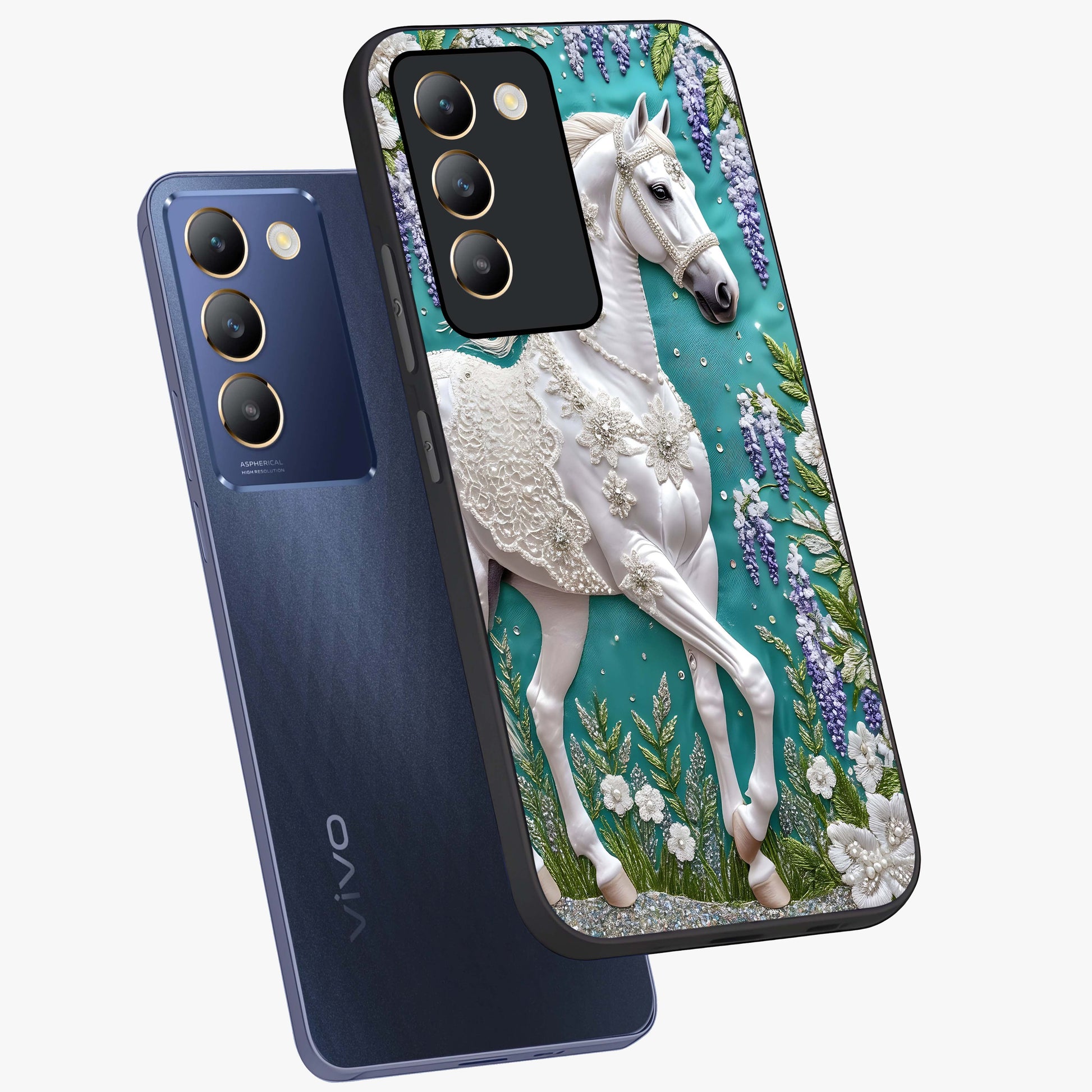 Majestic Floral Stallion Glass Case displayed in angled mockup highlighting majestic stallion illustration with elegant floral aesthetic.