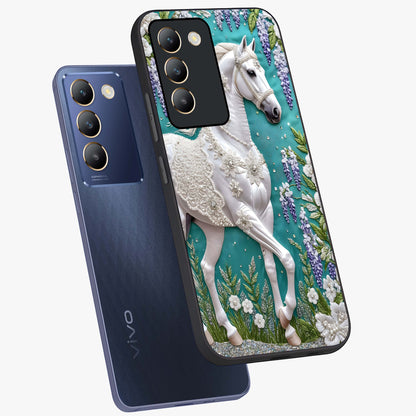 Majestic Floral Stallion Glass Case displayed in angled mockup highlighting majestic stallion illustration with elegant floral aesthetic.
