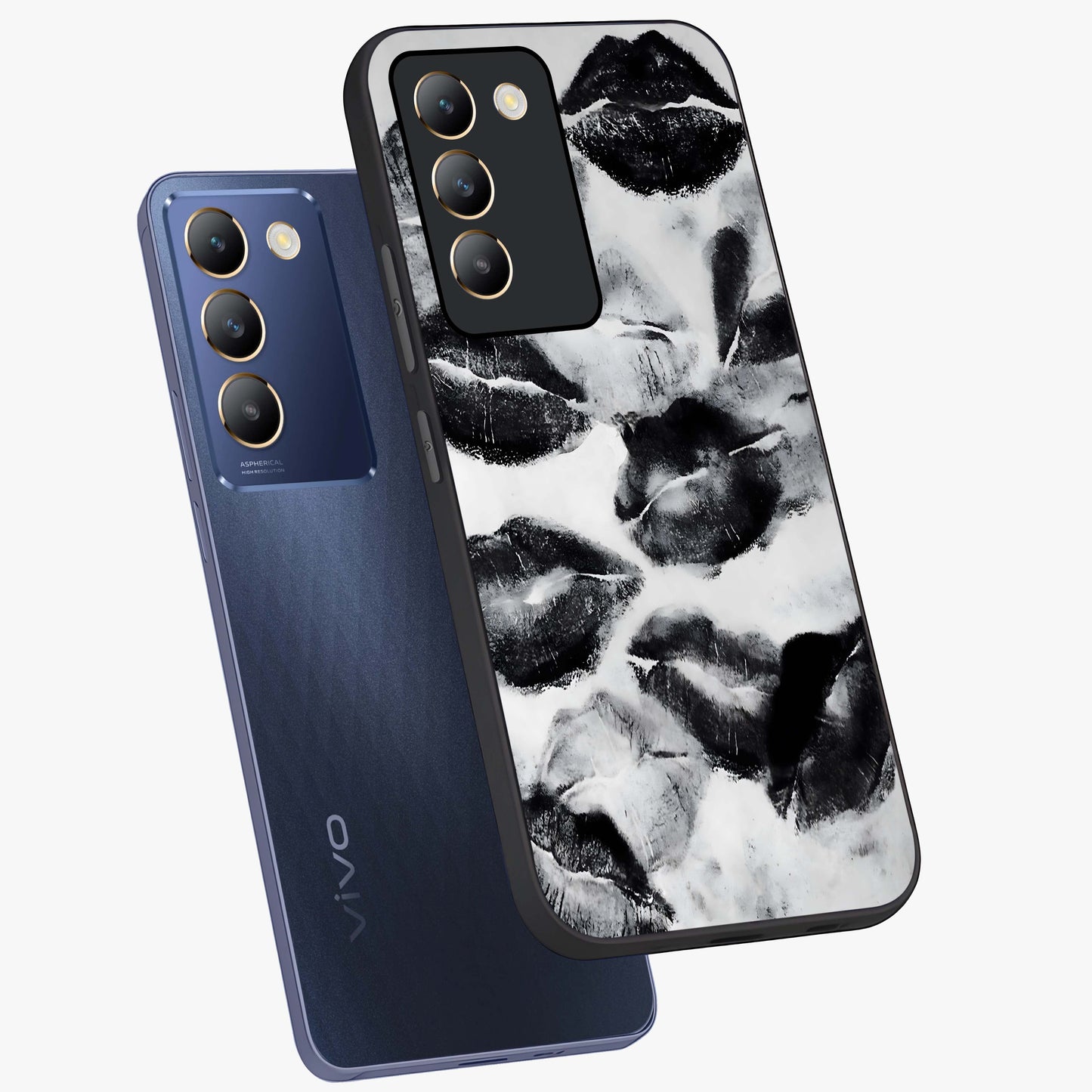 Midnight Kiss Marks Glass Case displayed in angled mockup highlighting playful romantic design with bold midnight aesthetic.
