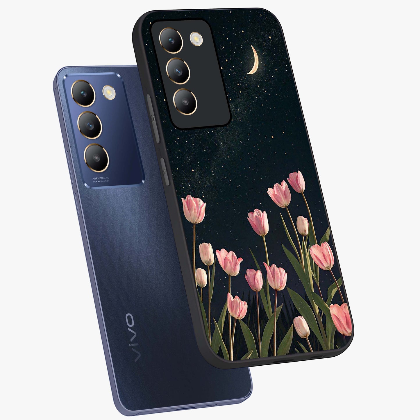 Midnight Tulip Whispers Vibe Glass Case displayed in angled mockup highlighting delicate tulip design with midnight floral aesthetic.