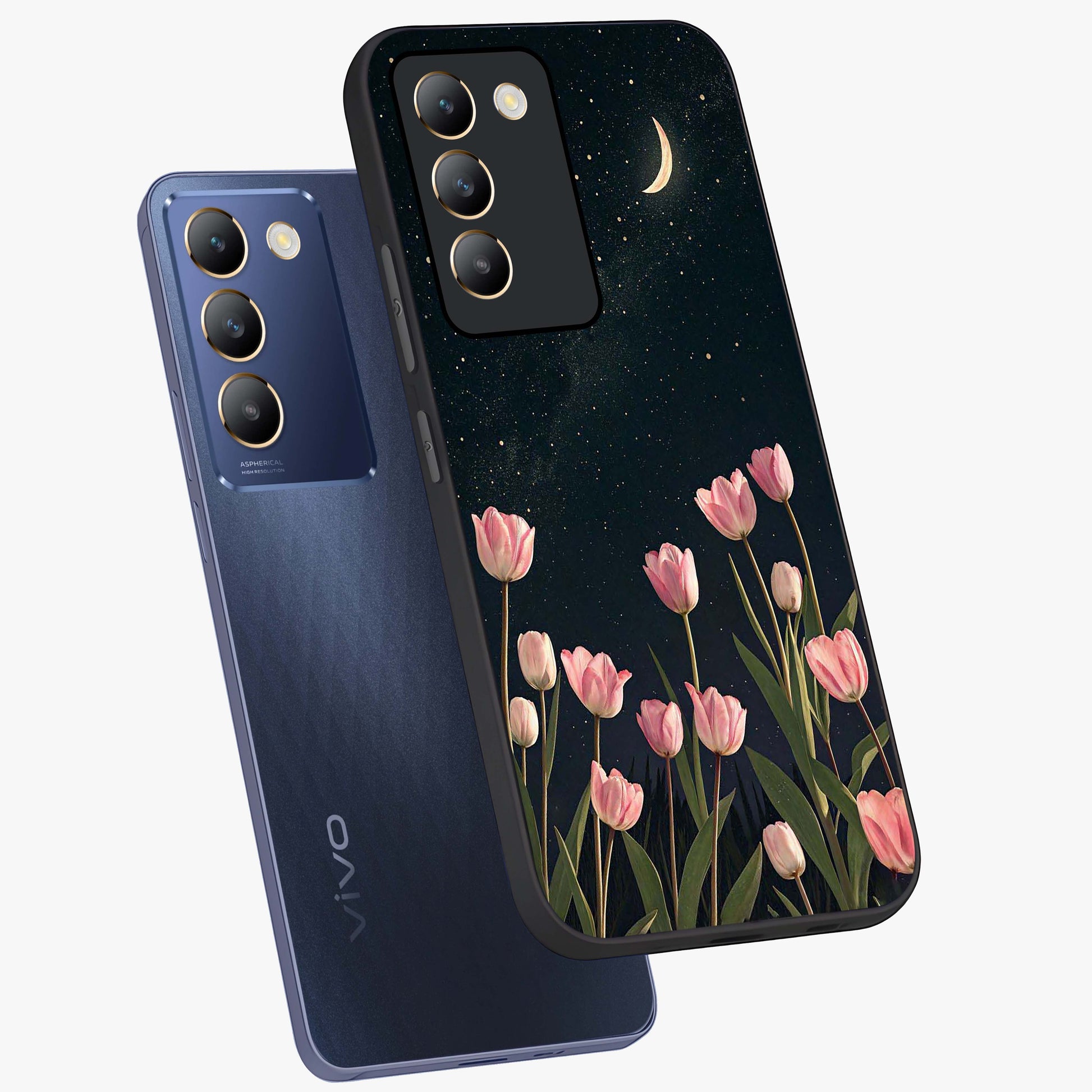 Midnight Tulip Whispers Vibe Glass Case displayed in angled mockup highlighting delicate tulip design with midnight floral aesthetic.